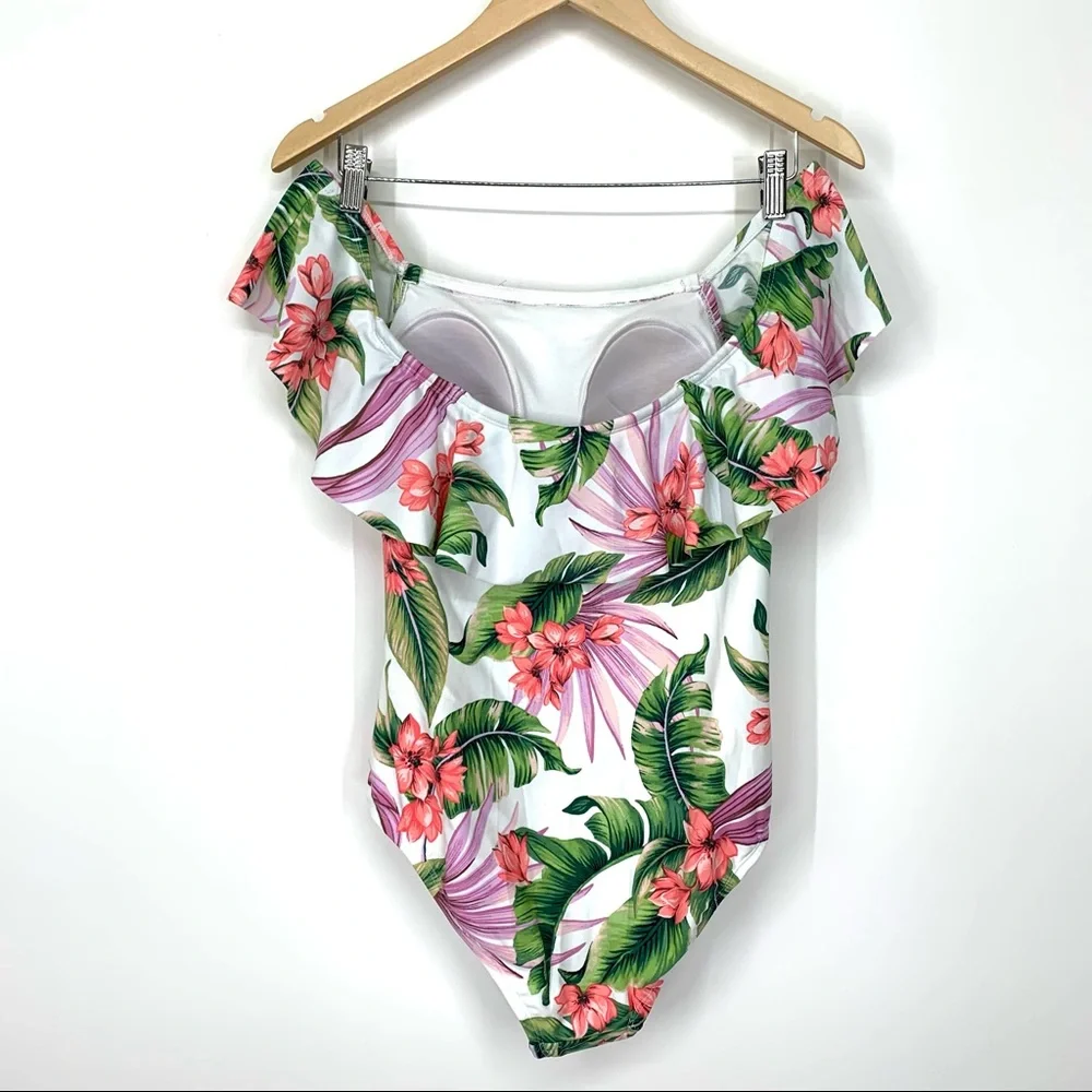 Kona Sol Ruffle Off The Shoulder Tropical High Coverage One Piece Swimsuit